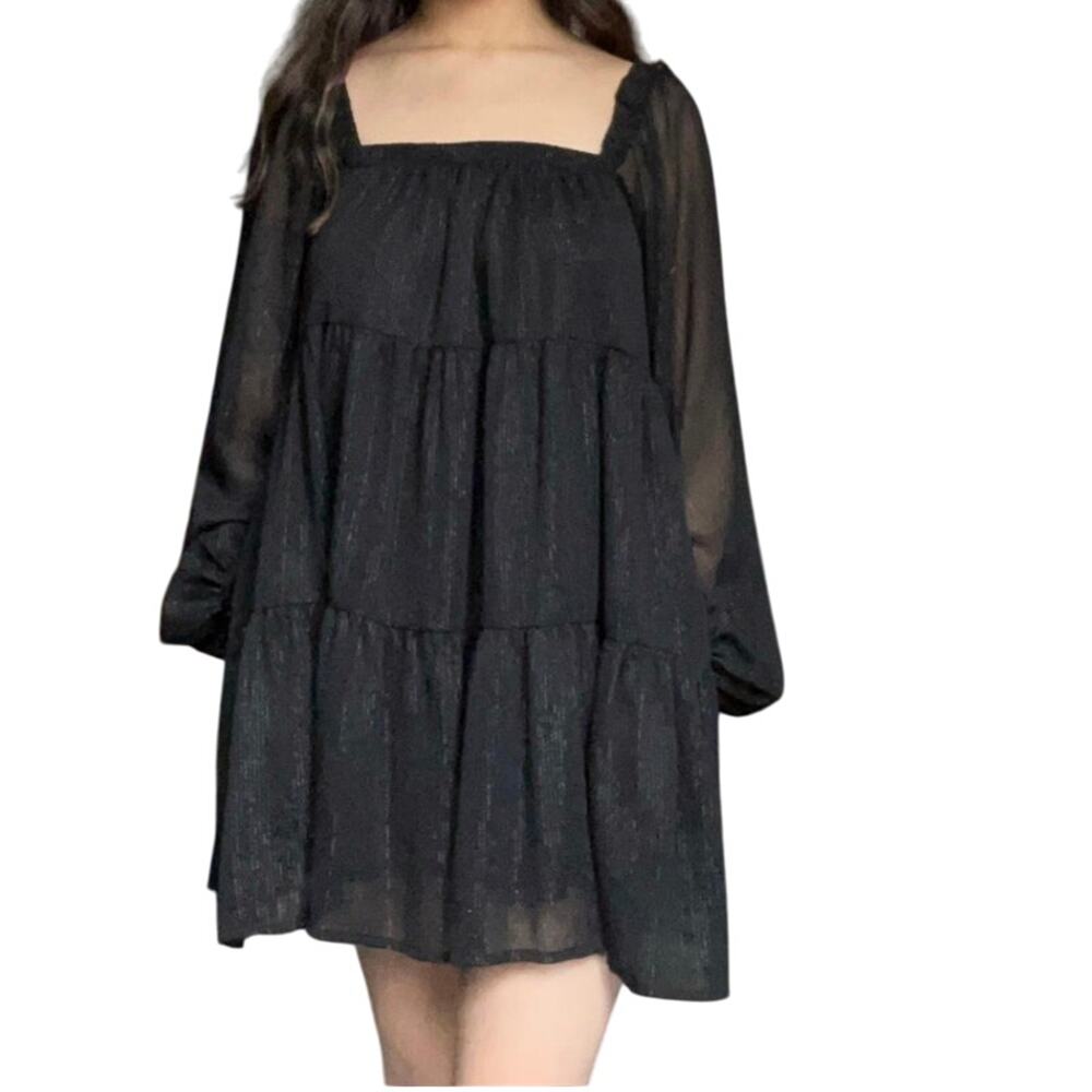 Party Dress ALTAR'D STATE Tiered Babydoll Dress Black Metallic Thread Small